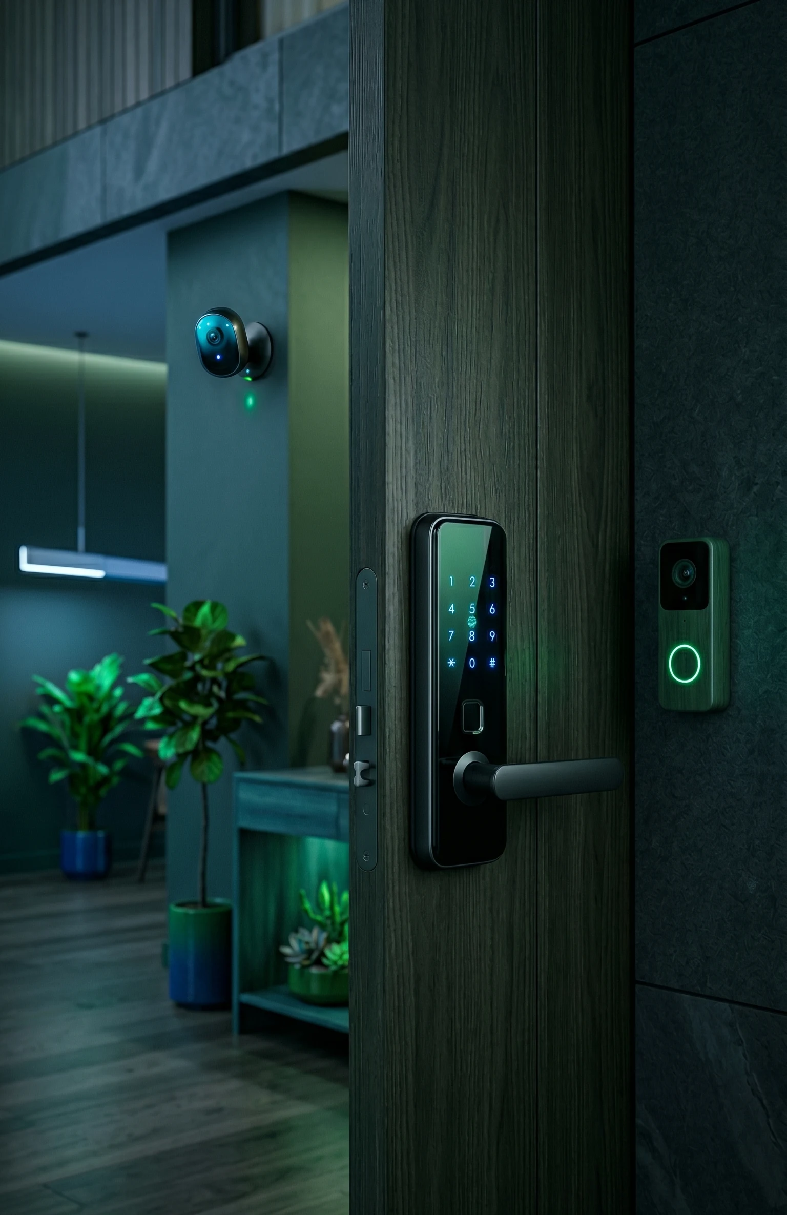 Smart door lock, security camera and video doorbell securing a modern home entrance
