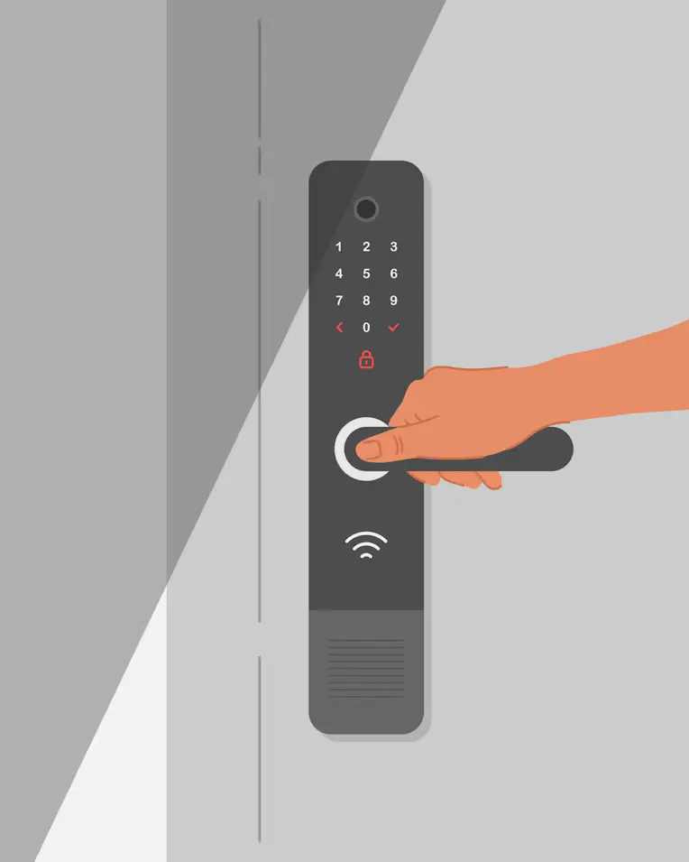 Hand opening a smart door lock with a touch keypad for keyless entry
