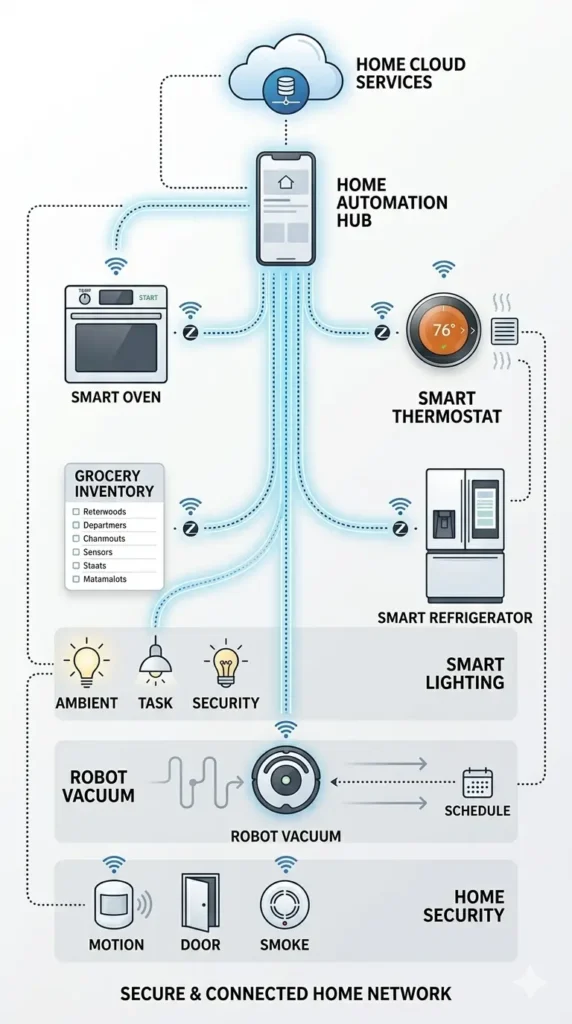 Diagram of a connected smart home linking a hub to lighting, security, climate and appliances