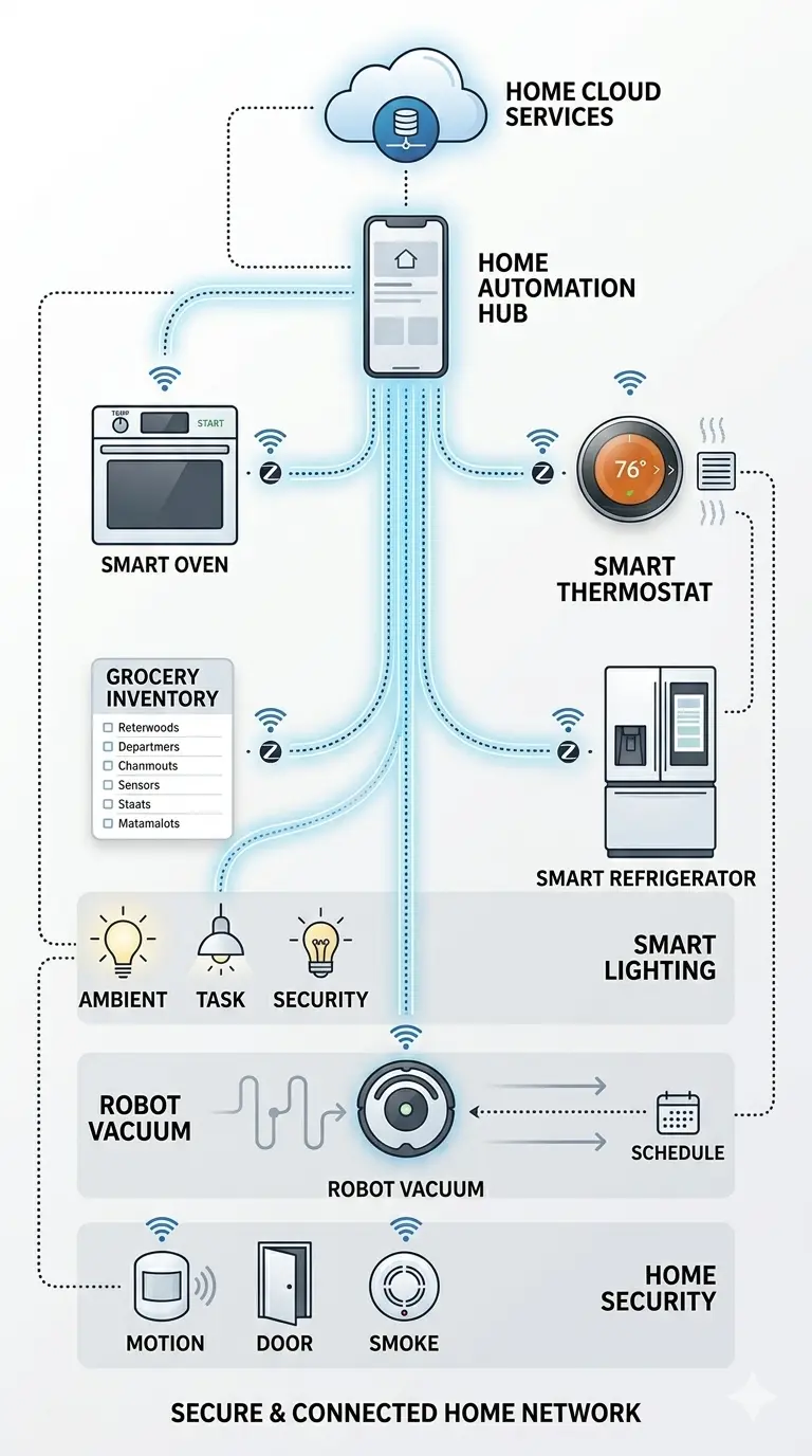Diagram of a connected smart home hub linking appliances, lighting, climate and security